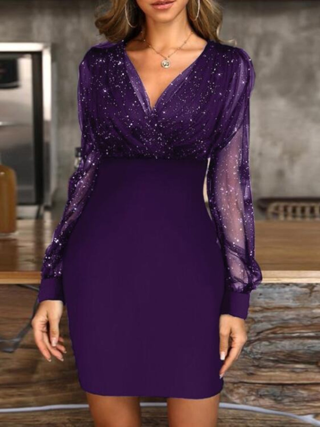 HERTALK Mesh V-Neck Sequin Dress, Slim-Fit And Sexy
