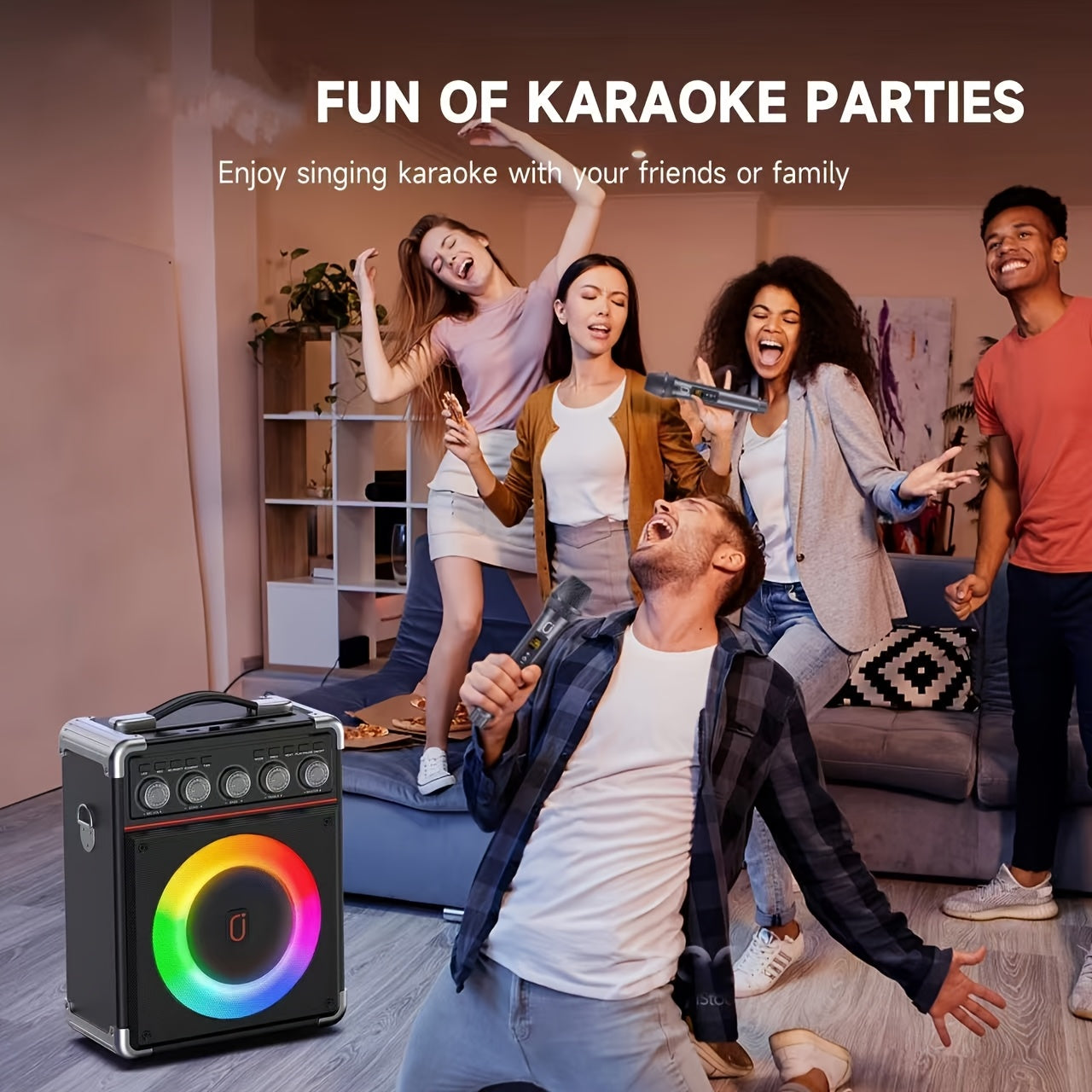 Karaoke Machine, with 2 Wireless Karaoke Microphones, Party Speaker with Bass/Treble Adjustment, DJ Lights, Portable Speaker for Home Party, Birthday, Gatherings, Christmas Gift