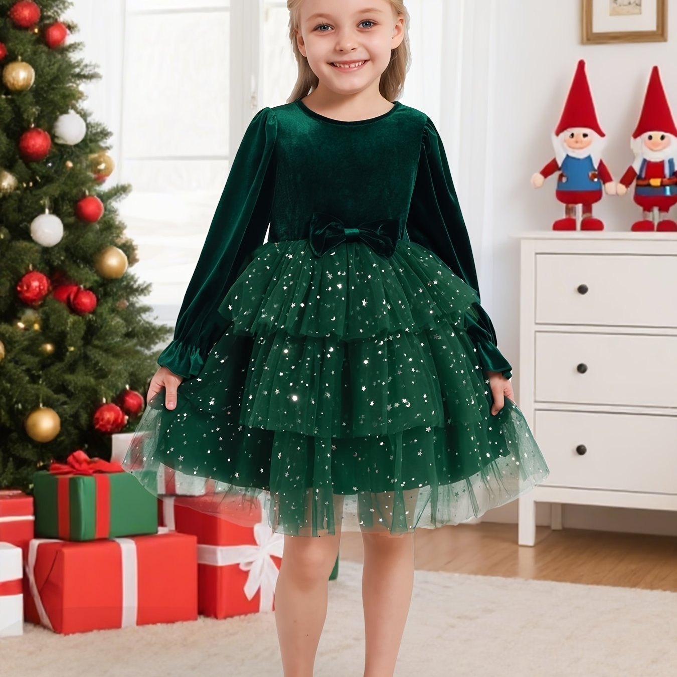 2-7Y Girls Sparkling Sequin & Tulle Tutu Princess Party Dress with Ruffled Sleeves & Layered Skirt - A-Line Knee-Length Winter Dress for Christmas, Birthday, Wedding, Halloween - Shimmering Holiday Outfit with Belt (No Paddin