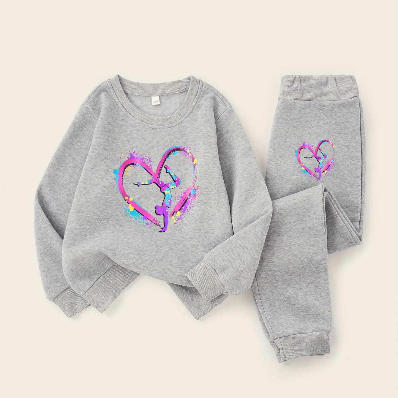 Girls' Cozy Gymnastics Watercolor Print Sweatshirt Set - Black with Vibrant Heart Design, Perfect for Outdoor Activities, Casual Wear, Allseason Comfort, Gymnastics Outfit|Playful Print|Stretchy Fabric