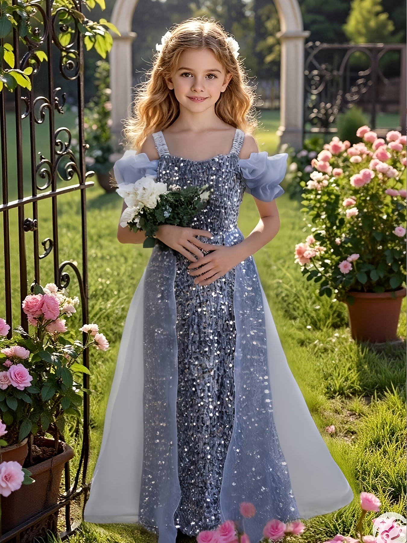 Girls Princess Gown With Off-Shoulder Puff Sleeves Tulle Train