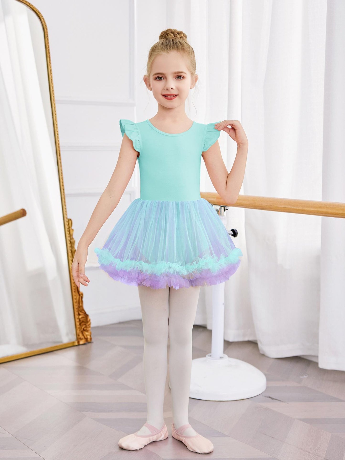 Girls' Ballet Tutu Dance Dress with Cross-Back Design & Ruffled Sleeves - White A-Line Leotard for Ballet, Gymnastics, Recitals - All-Season Comfort, Round Neck, Solid Color, Ballet Dress, Gymnastics Attire, Elegant Dancewear