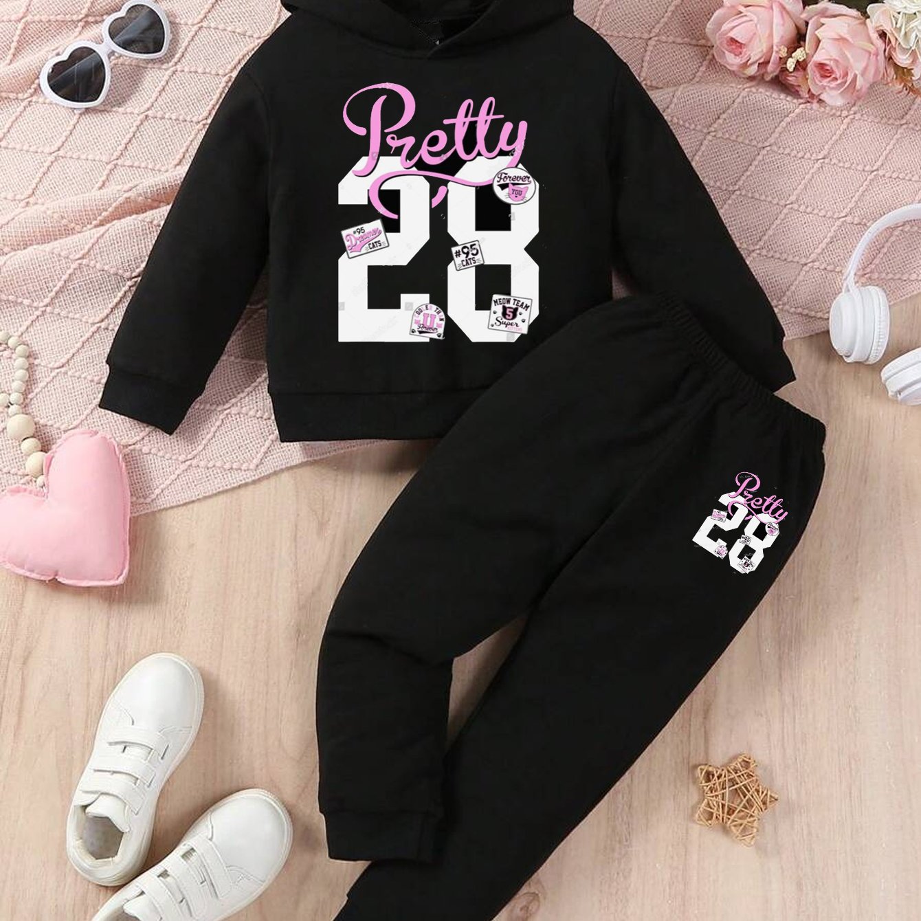 Toddler Girl Love Bear Print Hoodie Set, Autumn/ Winter, for Outdoor