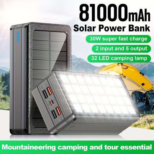 81000mAh Solar Power Bank With 32 LED Flashlight And Solar Charging 30W Fast Charger For Camping And Outdoor Survival