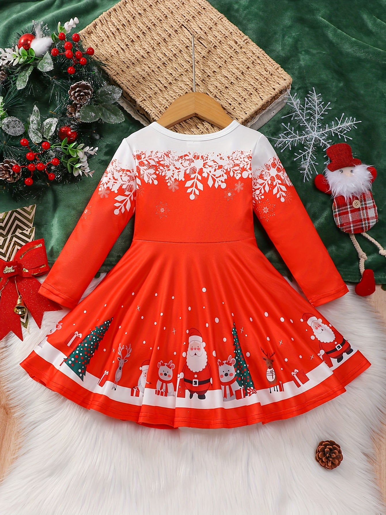 Toddler Girls Christmas Long Sleeve Dress With Snowman Reindeer Pattern
