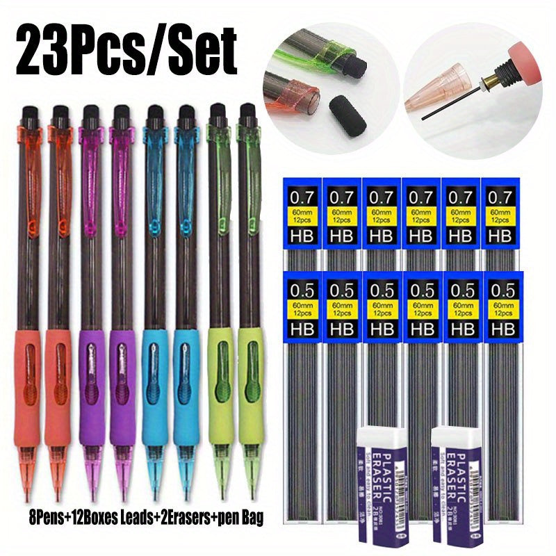 23 Piece Mechanical Pencil Set 0.5mm And 0.7mm Side Press Includes 8 Pencils 12 HB Lead Refills 2 Erasers And Pen Bag