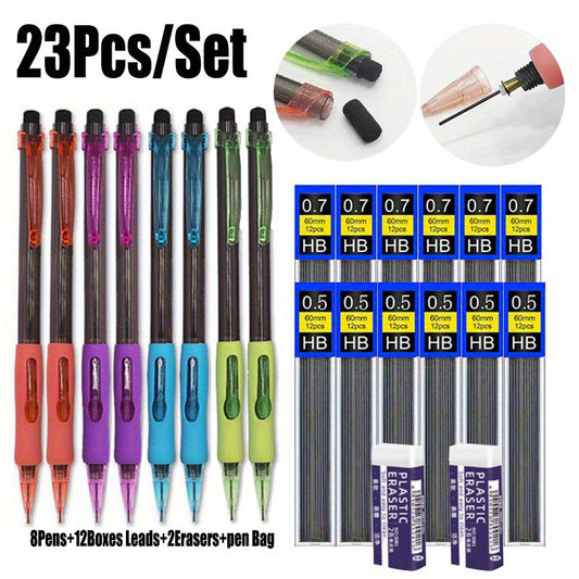 23 Piece Mechanical Pencil Set 0.5mm And 0.7mm Side Press Includes 8 Pencils 12 HB Lead Refills 2 Erasers And Pen Bag