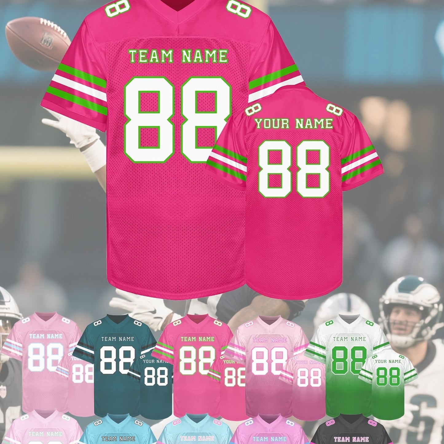 [Custom Rugby Jerseys] Custom Rugby Jerseys - Personalized Name, Number, Team - V-Neck Nylon Button Front - All-Season Comfort Fit - Custom Colors (Black/Pink/Teal/Green/) - for Men, Teams, Sports, Training, Parties, Casual W