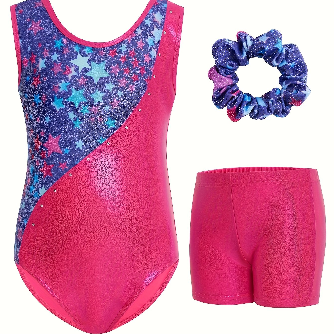 3pcs Gymnastics Leotards For Girls, Sleeveless Kids Dance Unitards Biketards With Shorts And Hair Scrunchie Eid Gifts For Kids, for Outdoor