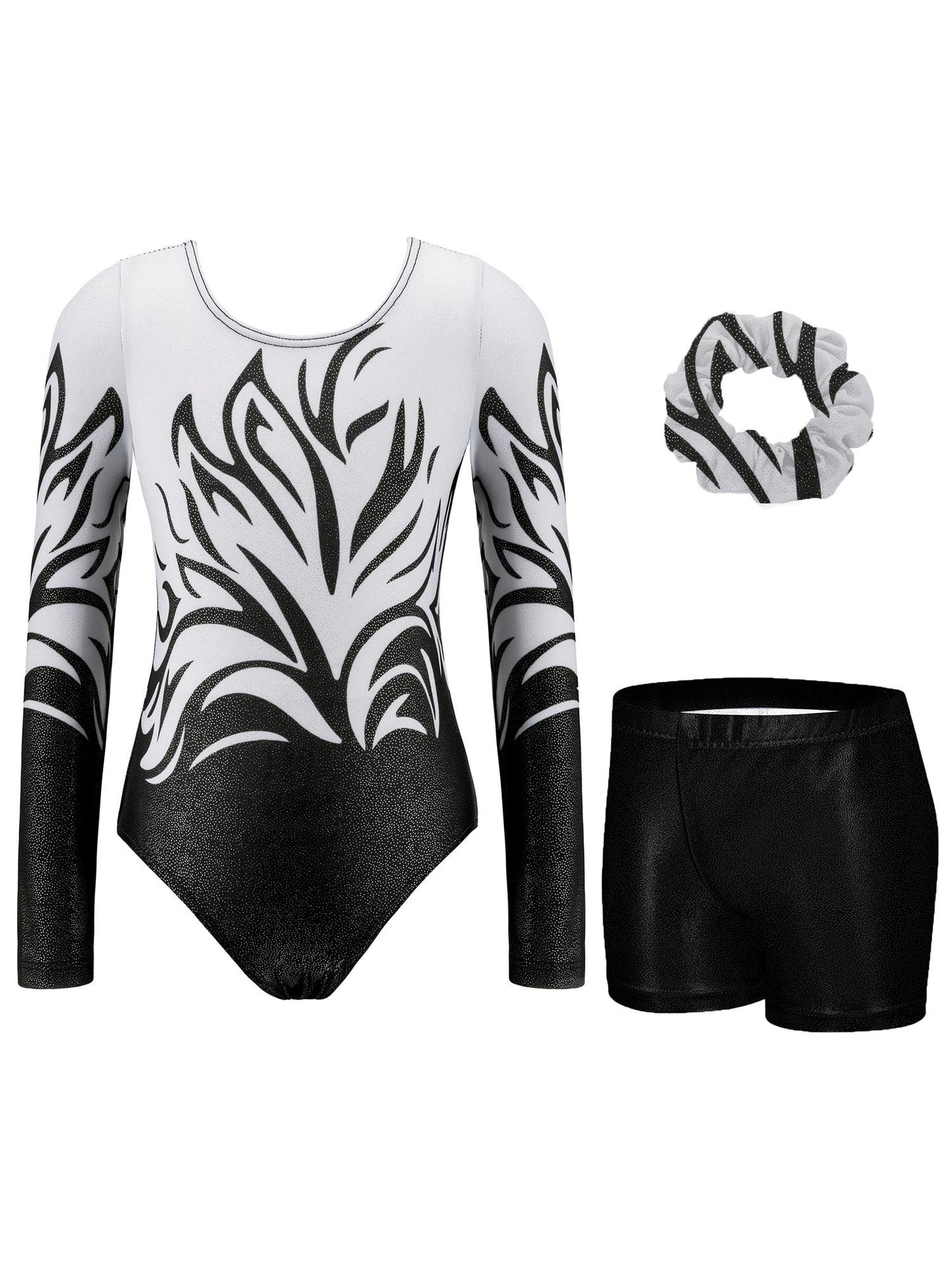 3pcs Gymnastics Leotards for Girls Long Sleeve Sparkly Dance Unitards Biketards with Tumbling Shorts, Perfect for Dance, Ballet & Yoga, Perfect for Outdoor, Dance, Ballet Performance, Stylish Dancewear, Fitted Unitard, Stretc