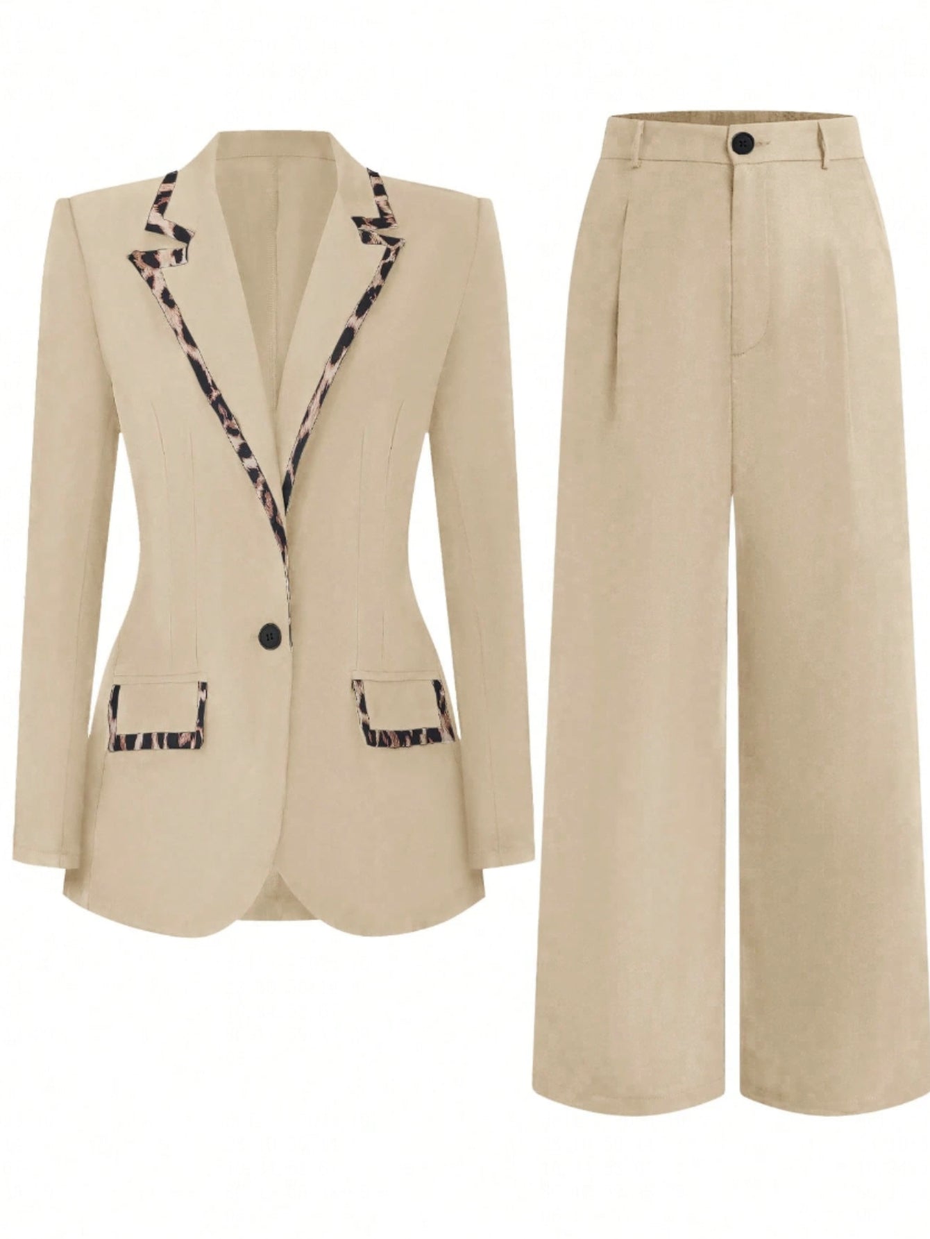 Two-Piece Beige Leopard Print Blazer And Wide Leg Pants Suit For Office To Party With Collar