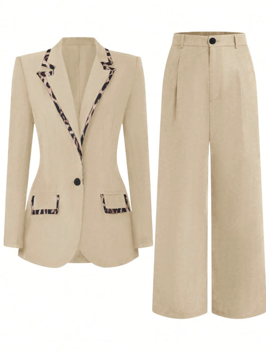 Two-Piece Beige Leopard Print Blazer And Wide Leg Pants Suit For Office To Party With Collar