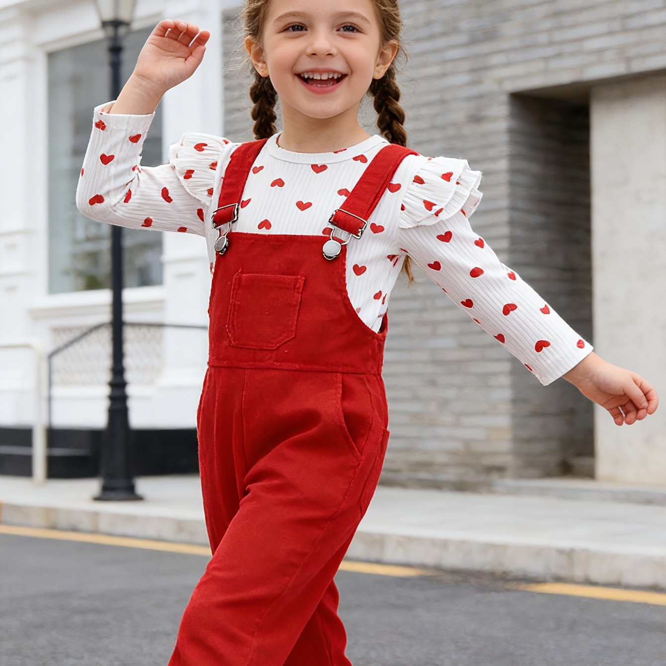Sweet Style Heart Print Two Piece Girls Valentine Day Outfit