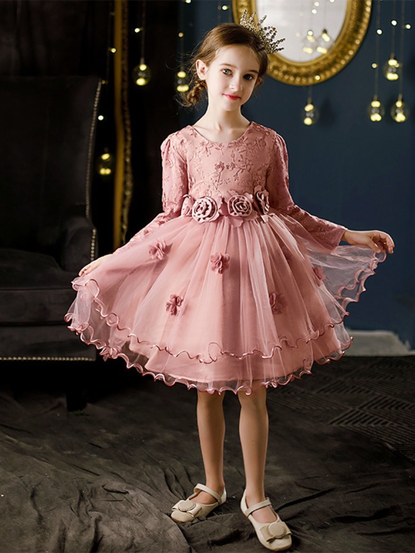 [Princess Style Girls' Dress] Emerald Green Princess Style Lace Long Sleeve Girls' Dress | Floral Waist Tiered Skirt Party Dress for Special Occasions & Daily Wear