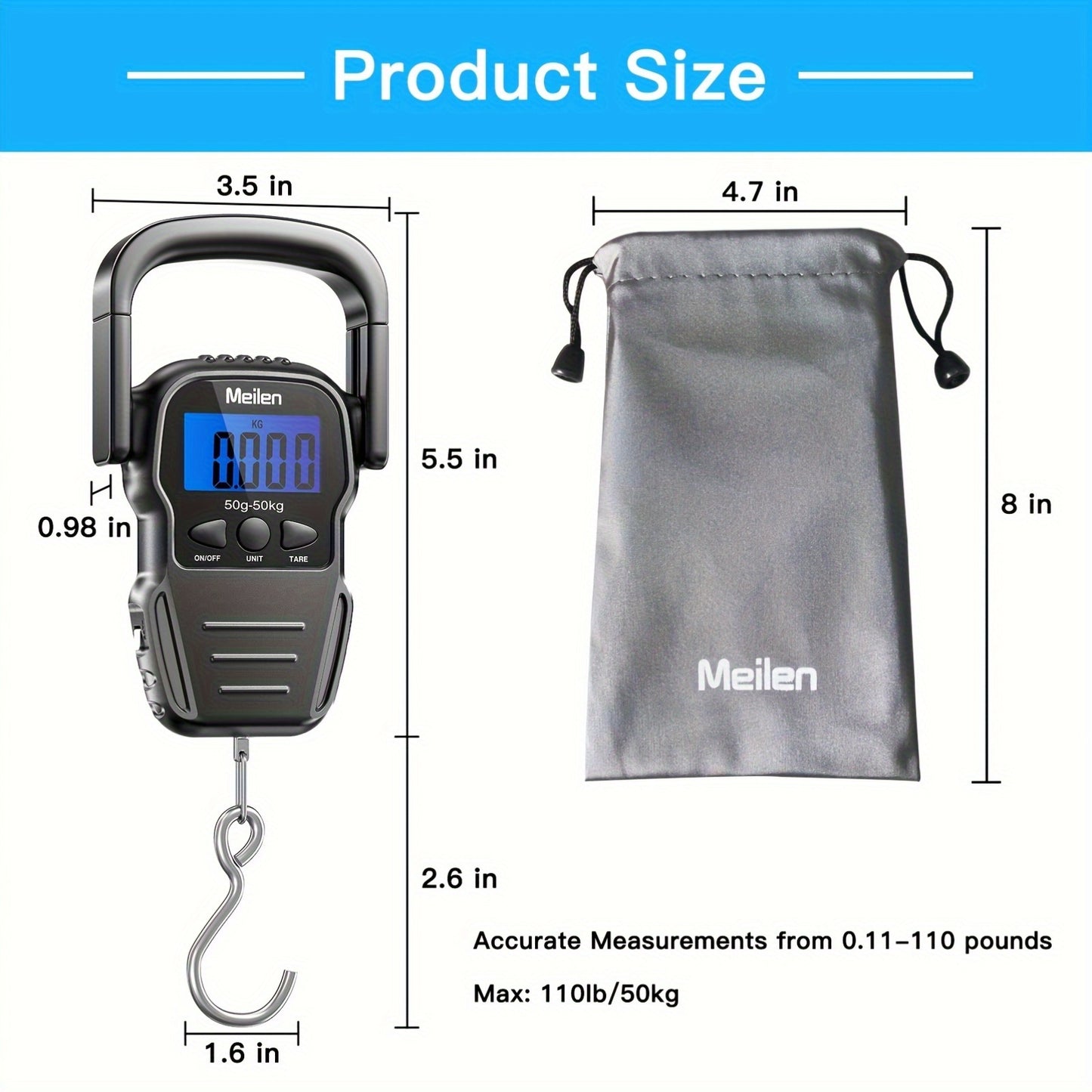 Great Christmas Gifts-Portable Scale 110 Lbs/50kg Hanging Fishing Scale with Backlit LCD Display, Luggage Scale with Hook, Suitable for Outdoor Fishing, Shopping In The Mall, And Travel Luggage.