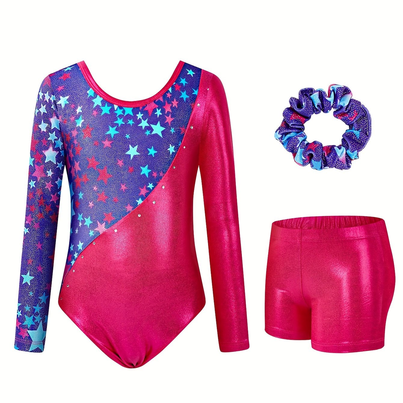 Girls Gymnastics Leotard, 3-12 Years Long Sleeve Glitter Dance Leotard with Shorts Ballet Tumbling Set