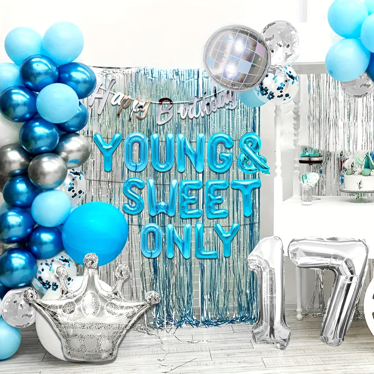LaVenty 26pcs Silvery Blue Youthful and Sweet Birthday Decorations, Youthful and Sweet Banner with Dancing Queen, Disco Balloons in Rose Golden, Birthday Banner with Crown Queen Balloons