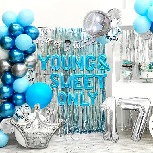 LaVenty 26pcs Silvery Blue Youthful and Sweet Birthday Decorations, Youthful and Sweet Banner with Dancing Queen, Disco Balloons in Rose Golden, Birthday Banner with Crown Queen Balloons