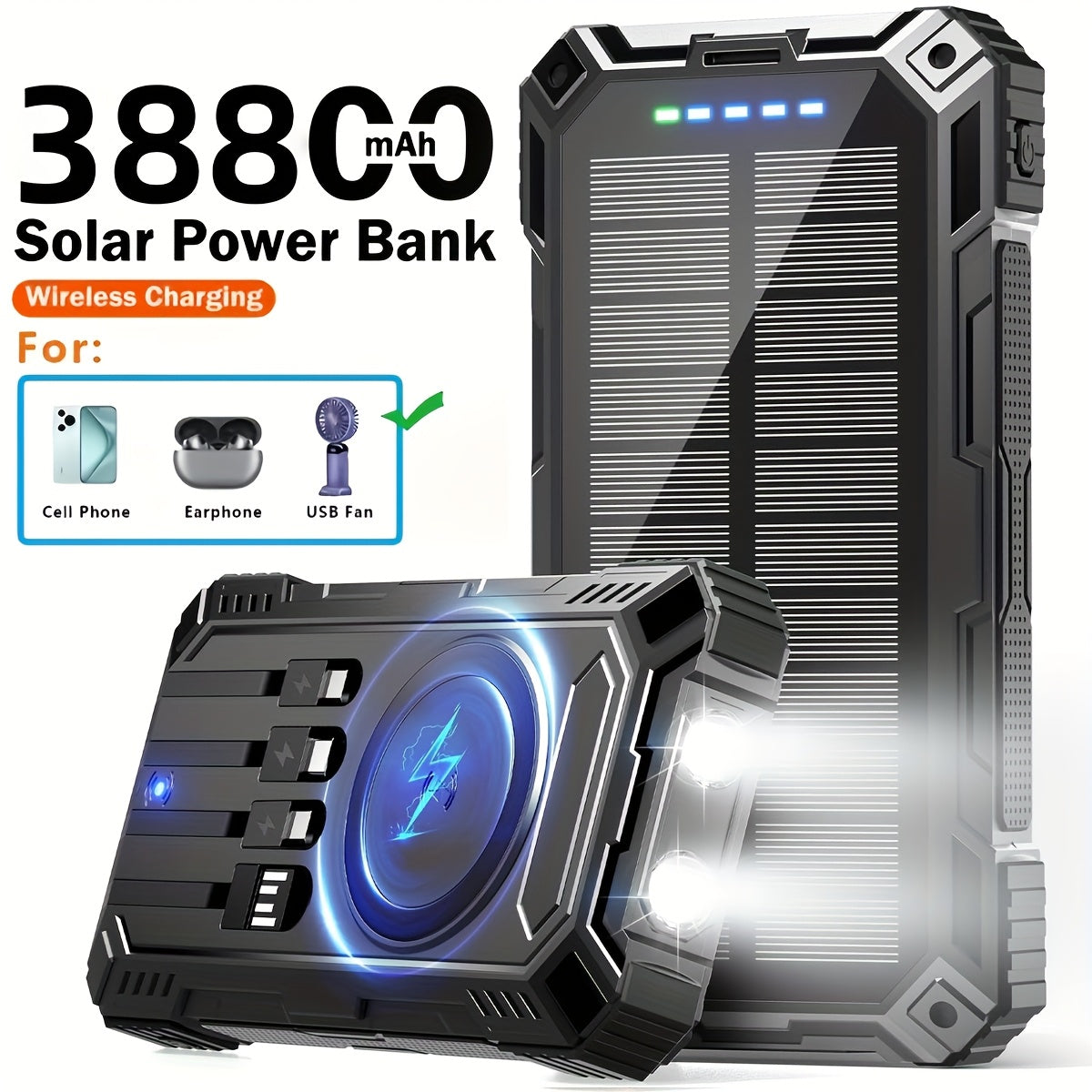 38800mAh USB Portable Solar Charger With LED Flashlight Compass Hiking Buckle Ideal Travel Camping Power Bank