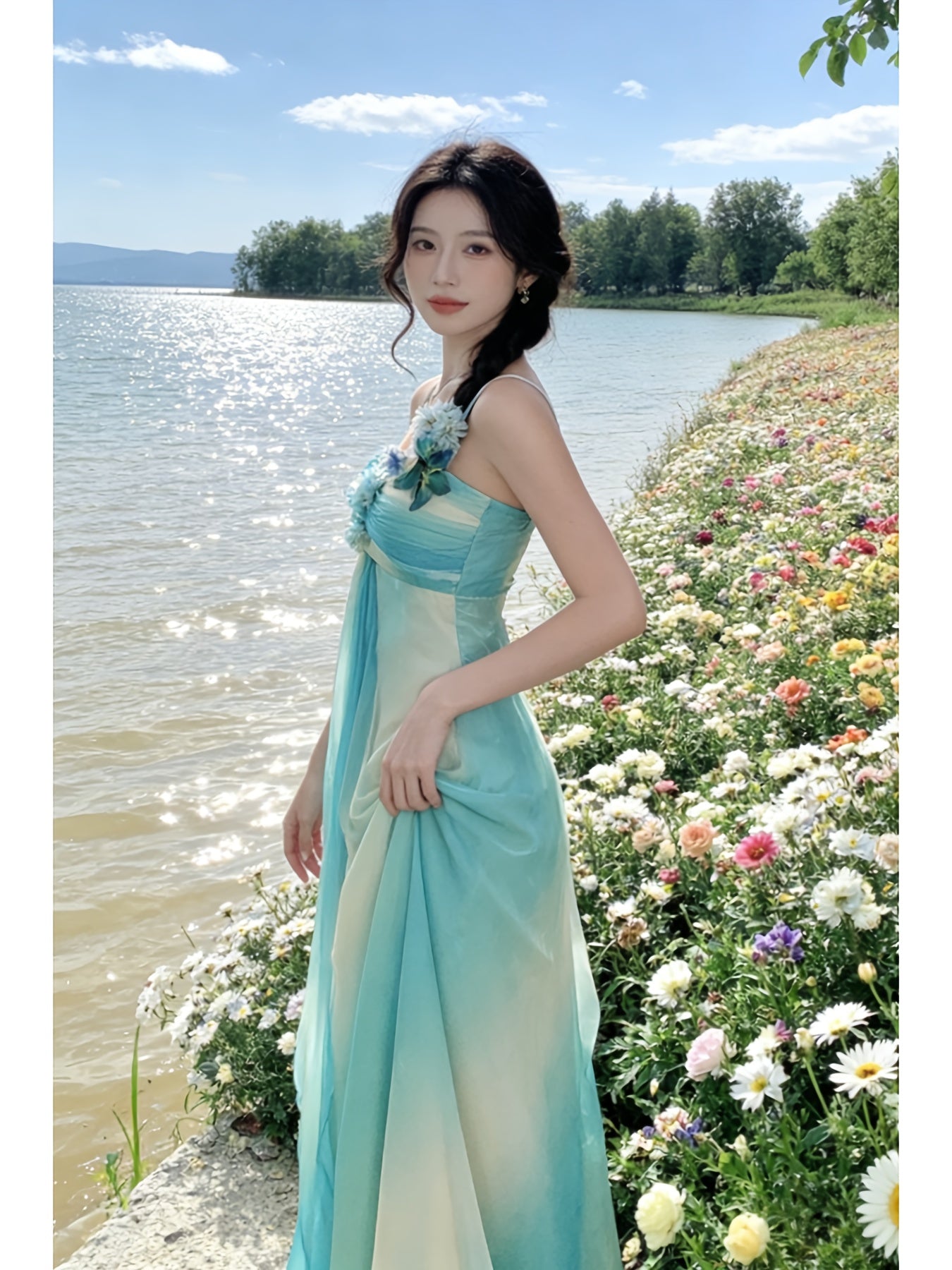 Dopamine Stunning Design Seaside Vacation Style Camisole Dress for Women | Summer Waist-Tightening Fairy Long Dress, Elegant Off the Shoulder, Solid Color, Perfect for Adult