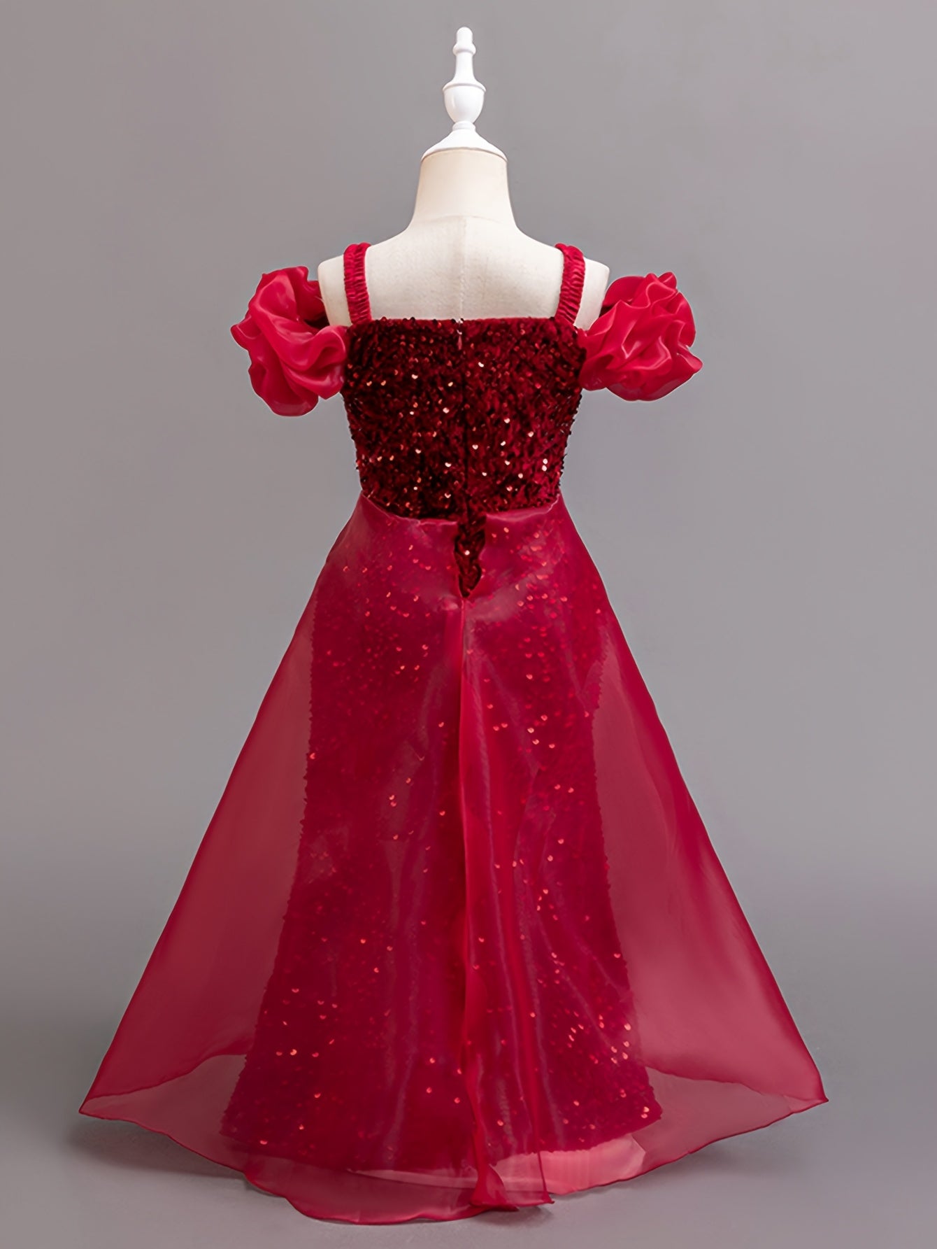 Girls Princess Gown With Off-Shoulder Puff Sleeves Tulle Train