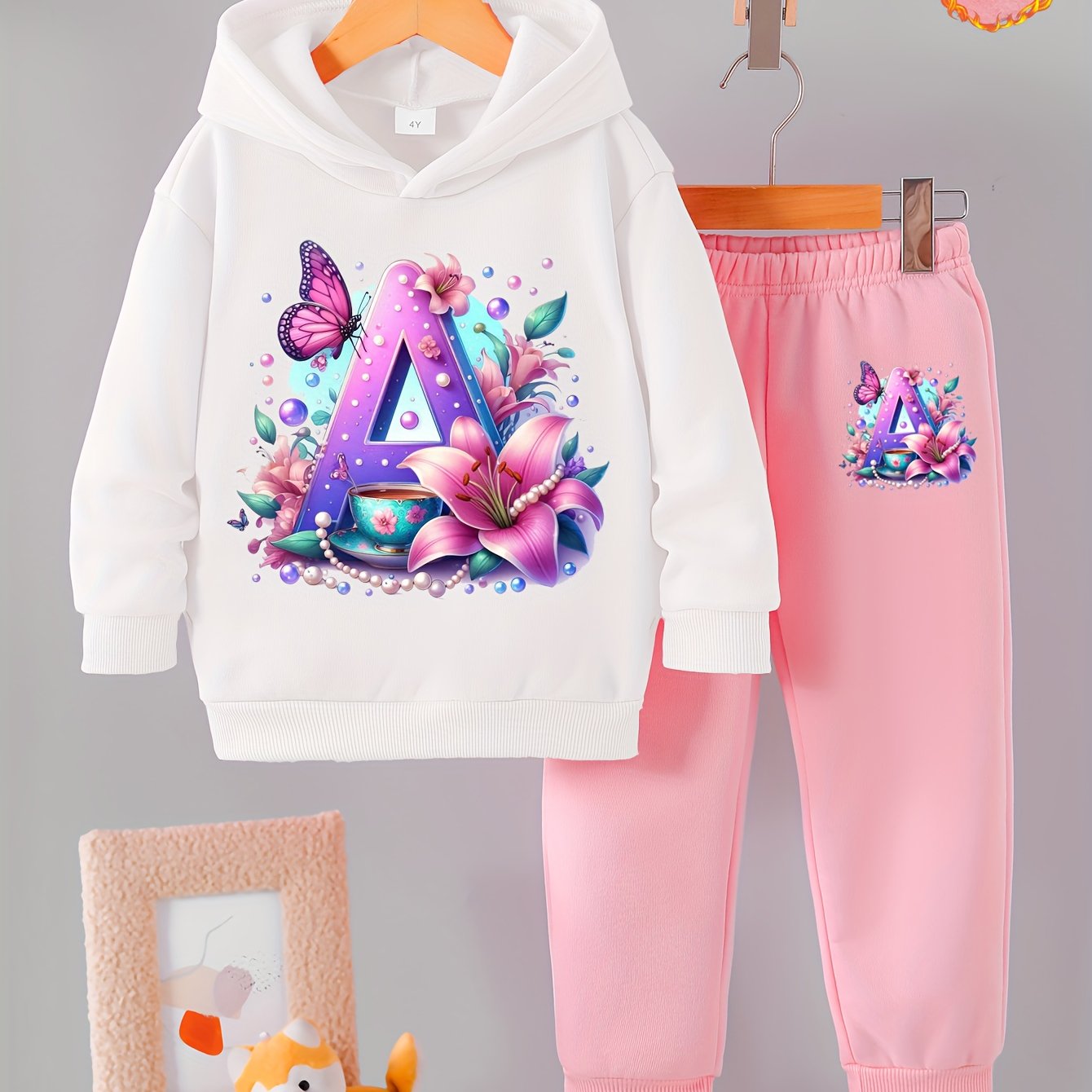 Toddler Girl Love Bear Print Hoodie Set, Autumn/ Winter, for Outdoor