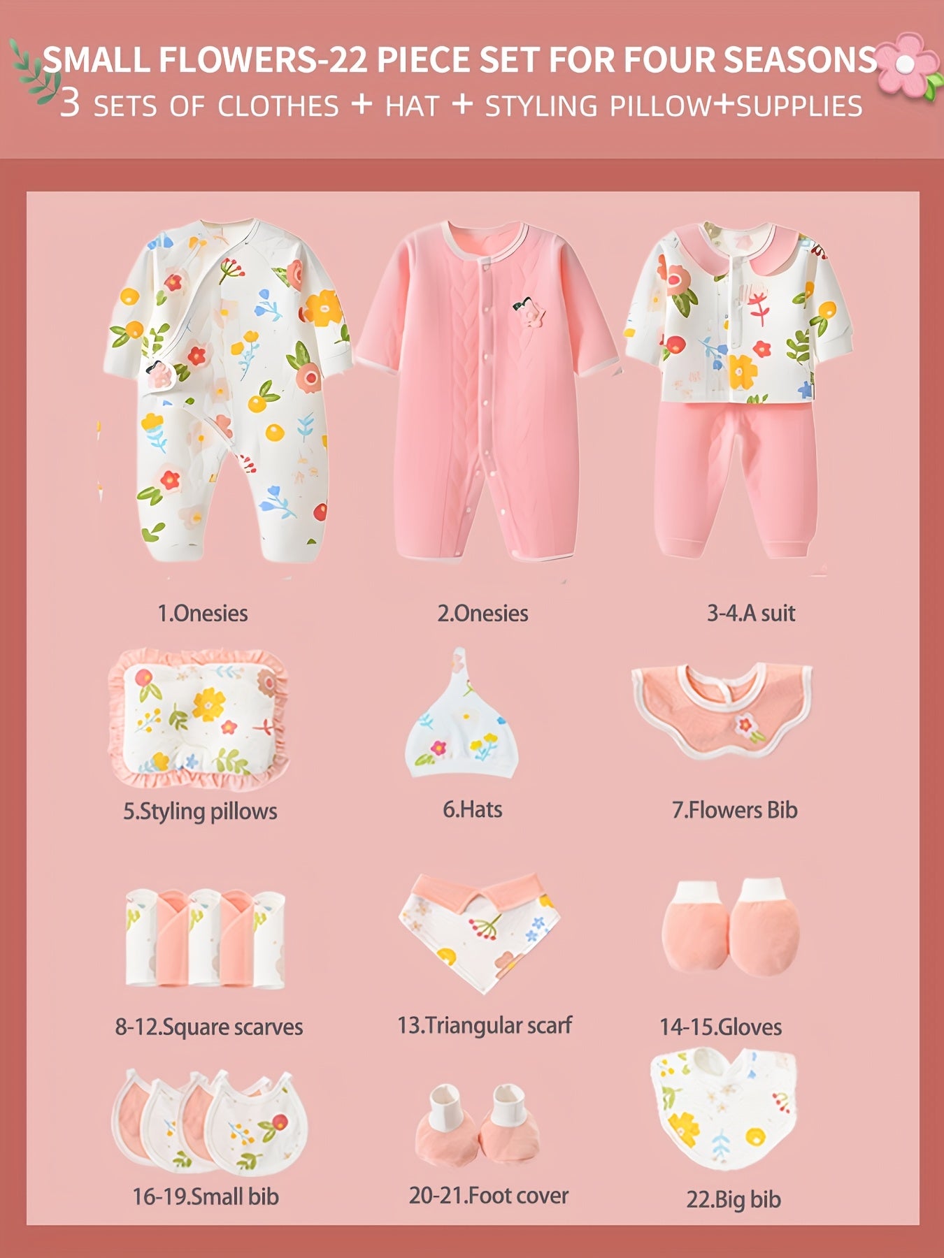 Baby Girl Clothes + Newborn Daily Necessities Complete Set, Total 22pcs, 3 Sets Of Clothes + Hat + Bib + Pillow + Hand And Foot Covers + Bibs, Baby Items, Baby Full Moon Autumn Long Sleeve Suit, Baby Romper, Local Warehouse,