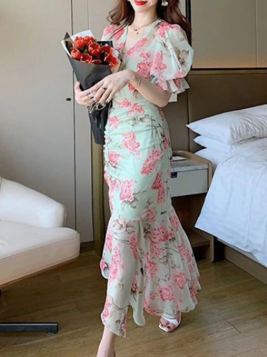 Women'S Floral Dress Irregular Hem Bodycon | Long Sleeve, V-neck, Ditsy Floral Pattern, Split Detail, Casual Summer Style by SCACTO