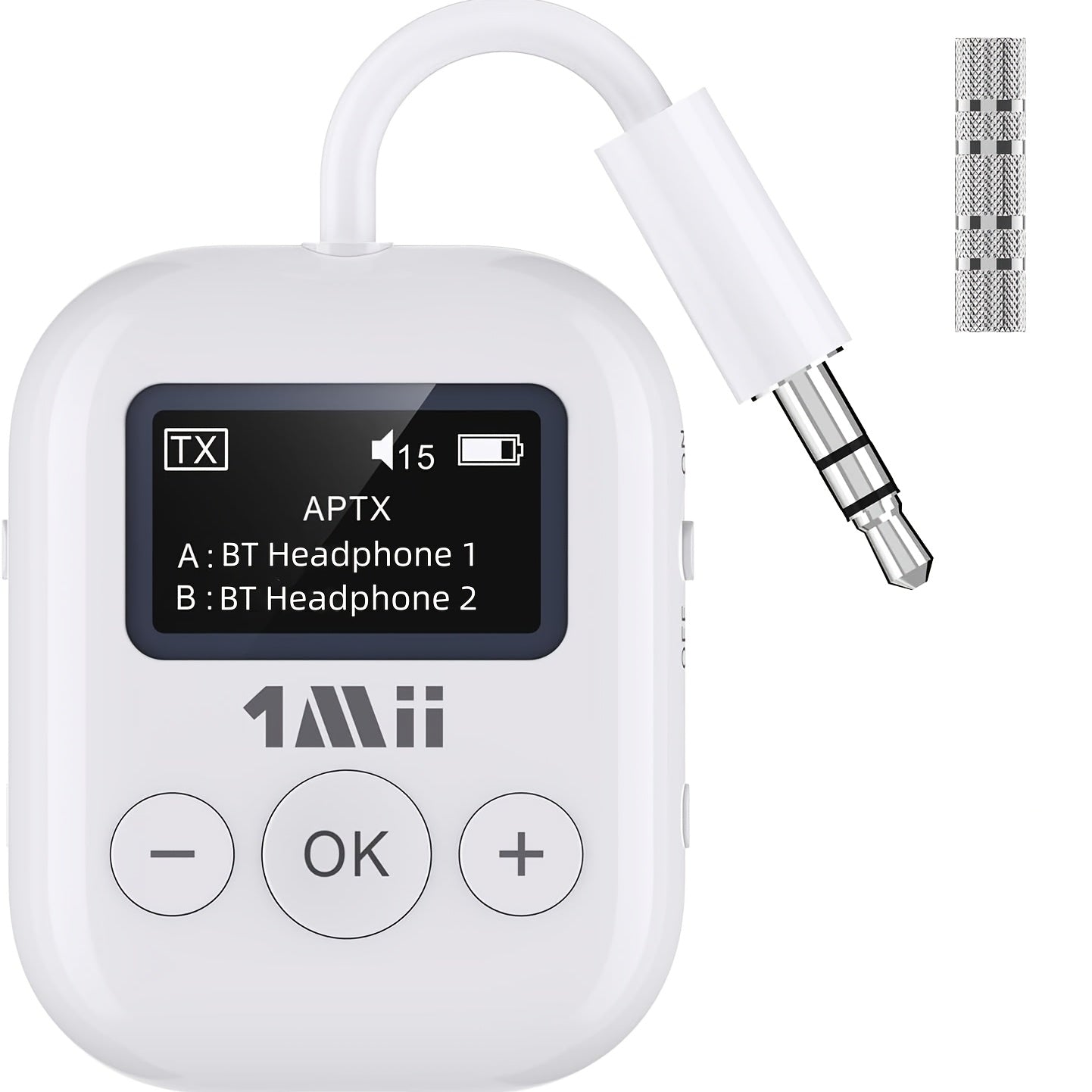 1Mii Wireless 5.3 Airplane/TV Adapter With Dual Pairing & AptX Low Latency - Wireless Transmitter For 3.5mm Headphones, Travel Essentials (White)