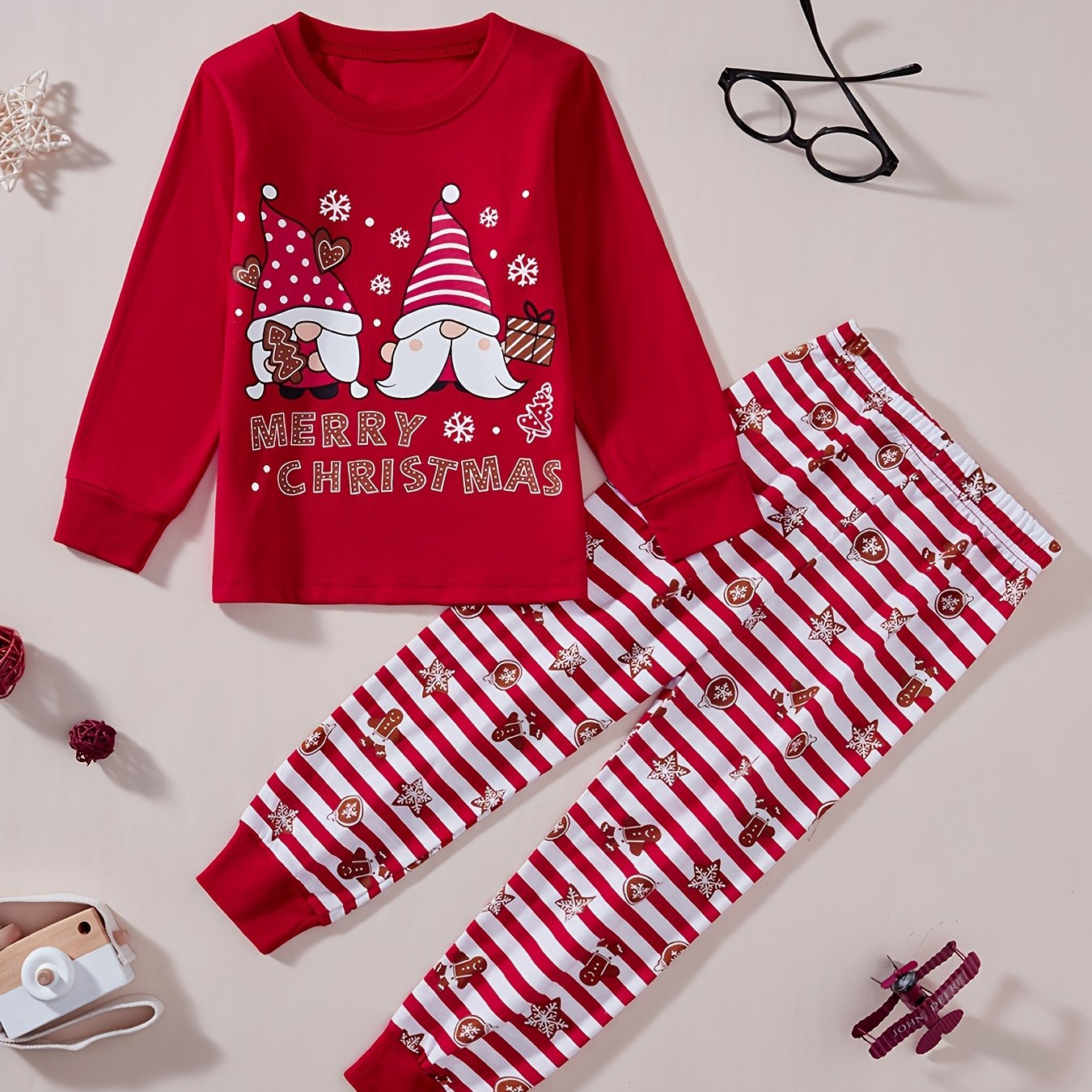Kids Christmas Homewear Two Piece Set Red Round Neck
