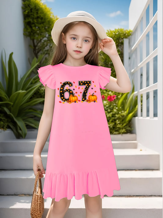 ' Sleeveless Flutter Sleeve Dress with 67 Meme Graphic & Number Detail - Elastic Midsection for, Machine-Washable Casual Party Wedding Outfit, Year-Round Wear ( to) - In Stock!