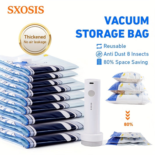 SXOSIS Upgradable Storage Bag Set - 9/15/16 Compressible Bags + 36.98 gal/min High-Power Rechargeable Wireless Air Pump, Space-Saving Travel Essential for Luggage, Clothing