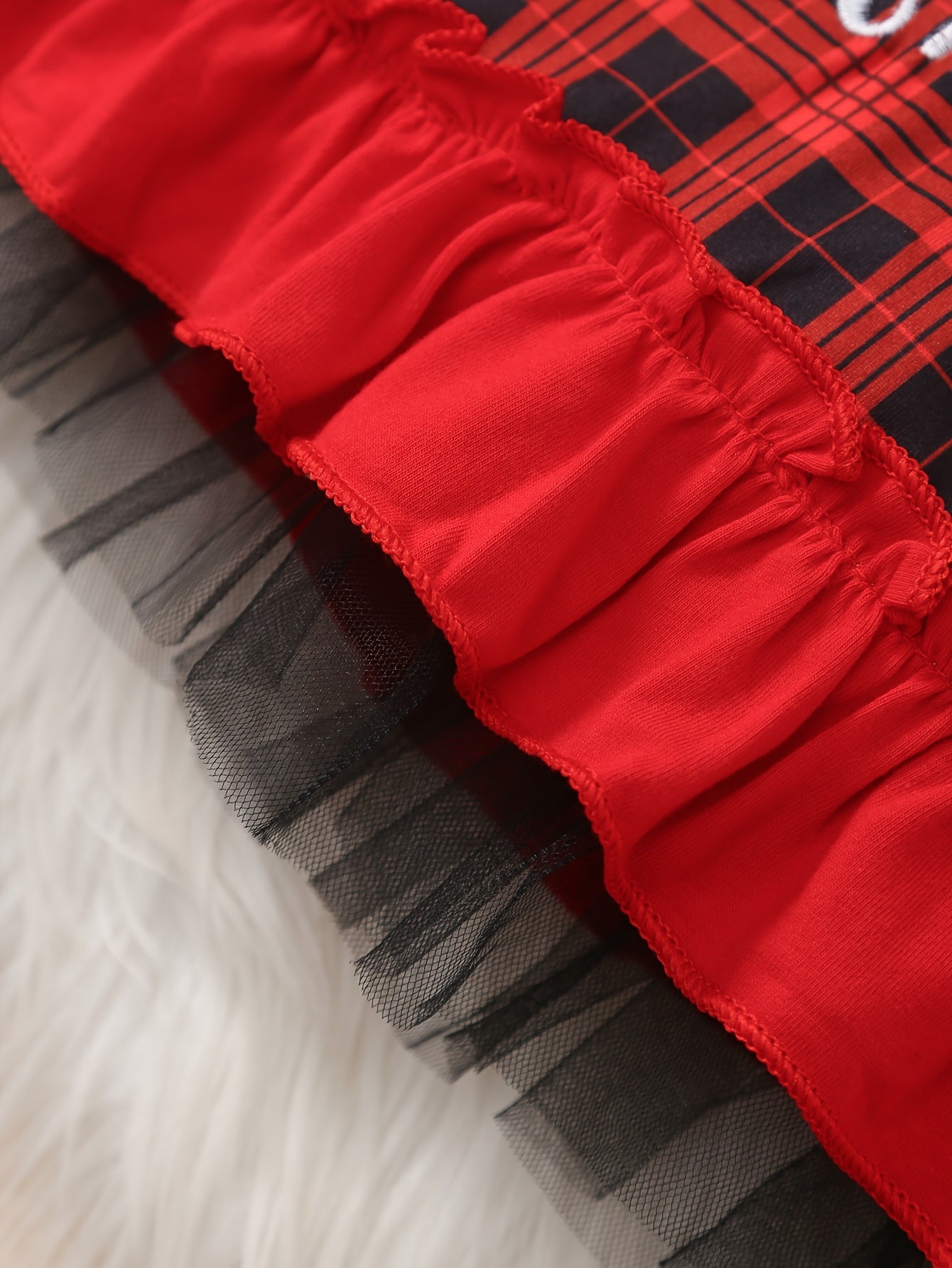 2pcs Baby 's Christmas Outfit Set - Red & Black Plaid Ruffled Sleeve Dress with Flared Bell-Bottoms & Bow Trim, Santa Claus Letter Embellished Top & Elastic Waist Pants for / (Machine Washable Holiday Party Costume), Perfect