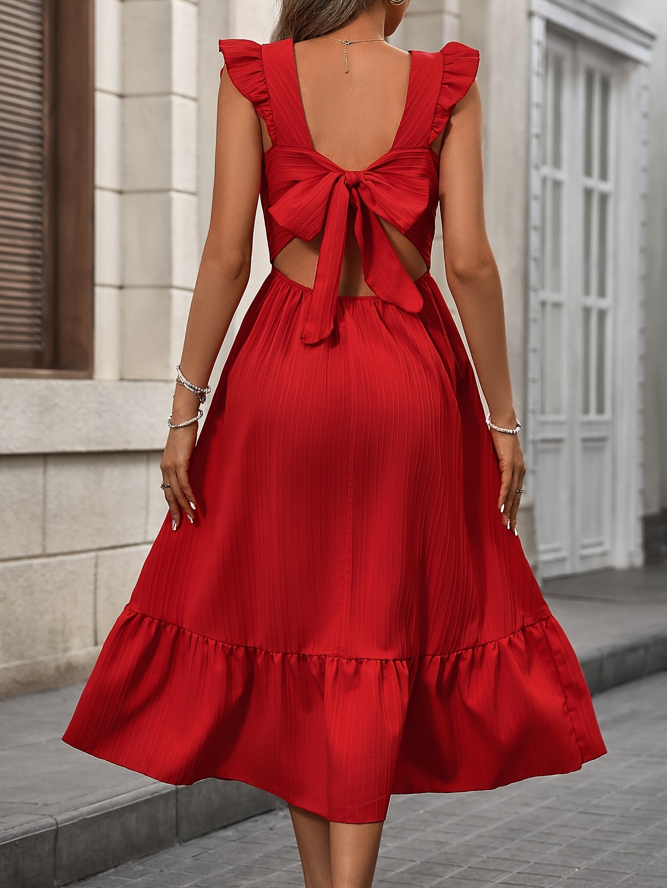 Women'S Elegant Ruffled Square Neck Tie-Waist Dress with Puff Sleeve - Vibrant Red A-Line Skirt, All-Season Formal & Casual Outfits