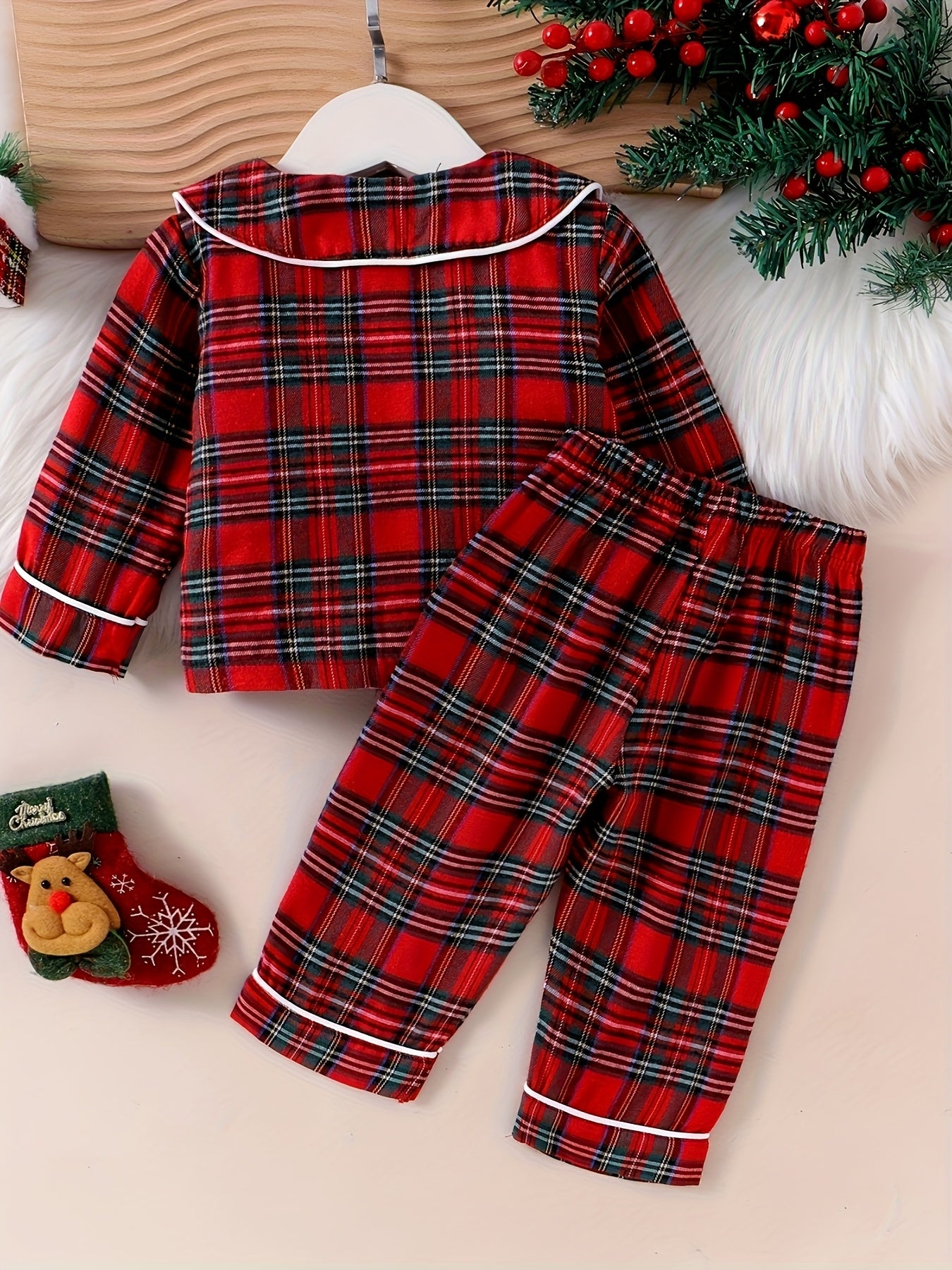2pcs Girls' Plaid Shirt & Pants Set - Red/White/Black Checkered Toddler Outfit, Long Sleeve Button-Front Blouse & Matching Trousers, Spring/Fall Casual Play Clothes for Olds (Hand Washable), Perfect for Outdoor