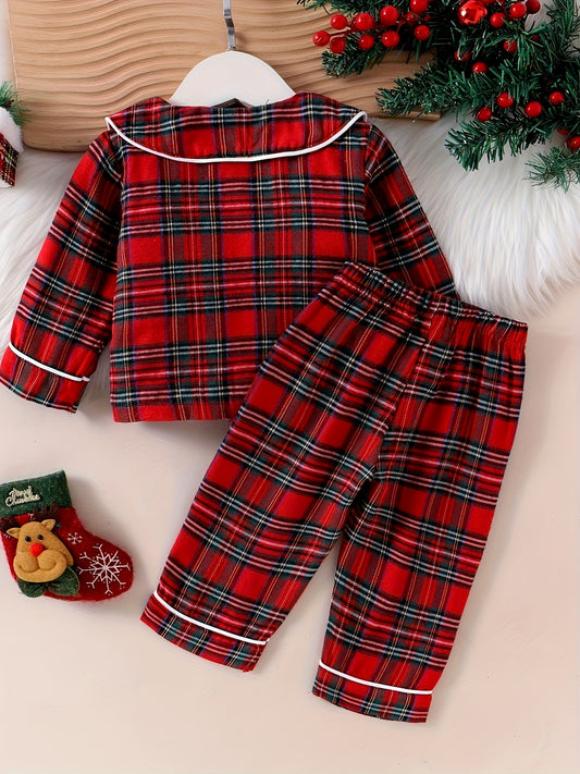 2pcs Girls' Plaid Shirt & Pants Set - Red/White/Black Checkered Toddler Outfit, Long Sleeve Button-Front Blouse & Matching Trousers, Spring/Fall Casual Play Clothes for Olds (Hand Washable), Perfect for Outdoor