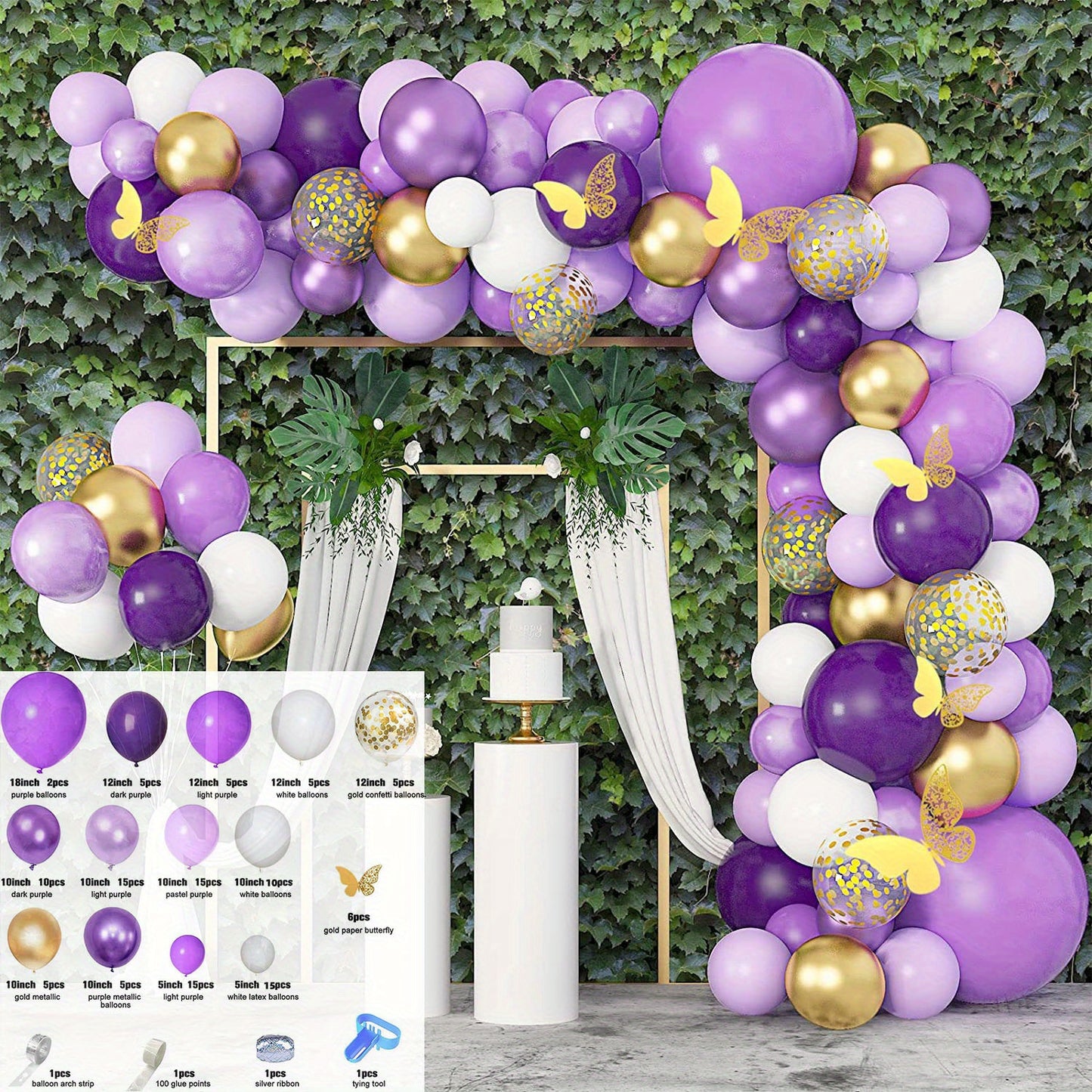 137 Piece Butterfly Series Purple Birthday Balloon Garland Set With Golden White Balloons And Happy Birthday Sign