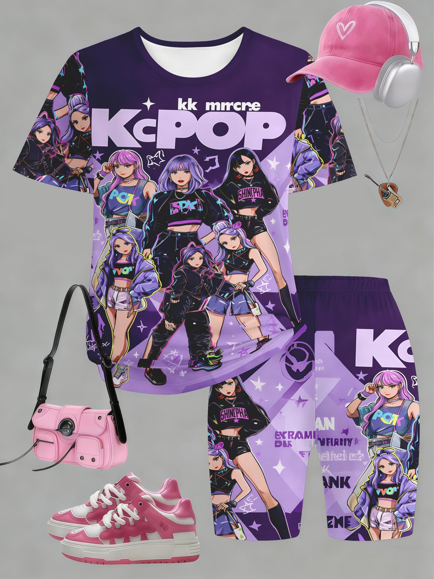 Girls 2Pc Polyester Print Short Sleeve and Shorts Set