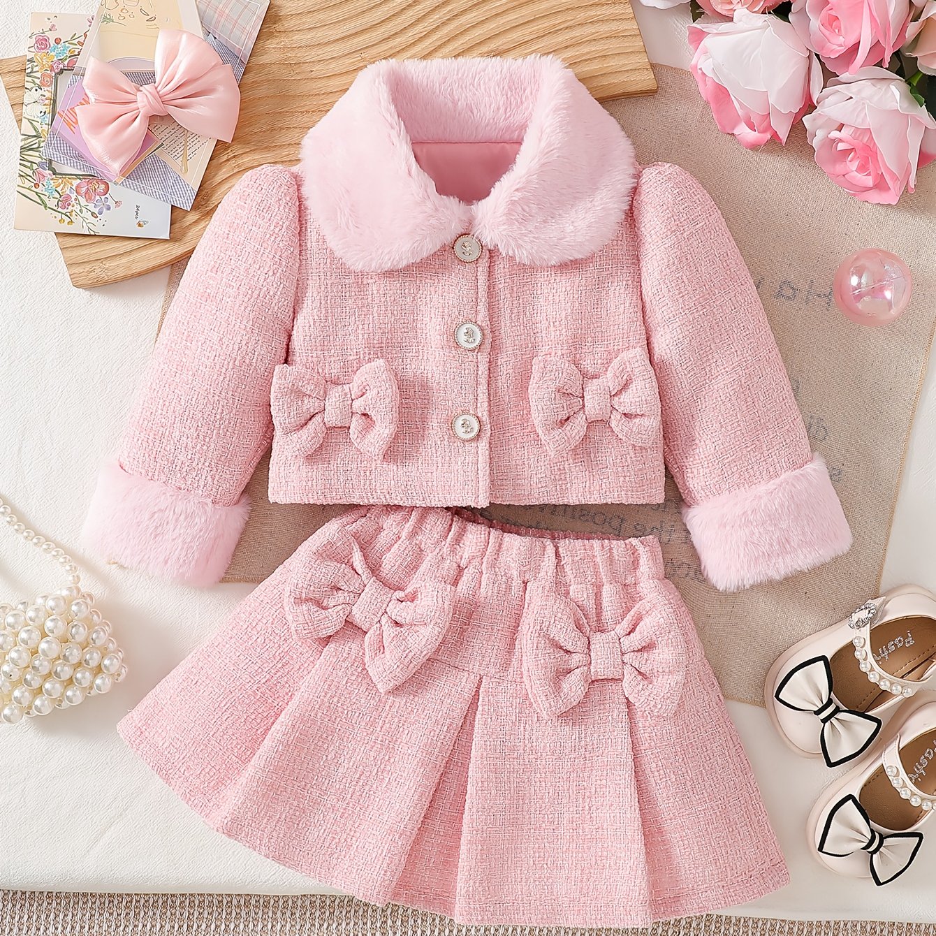 Baby Girl Two Piece Skirt Set With Bow Plush Collar