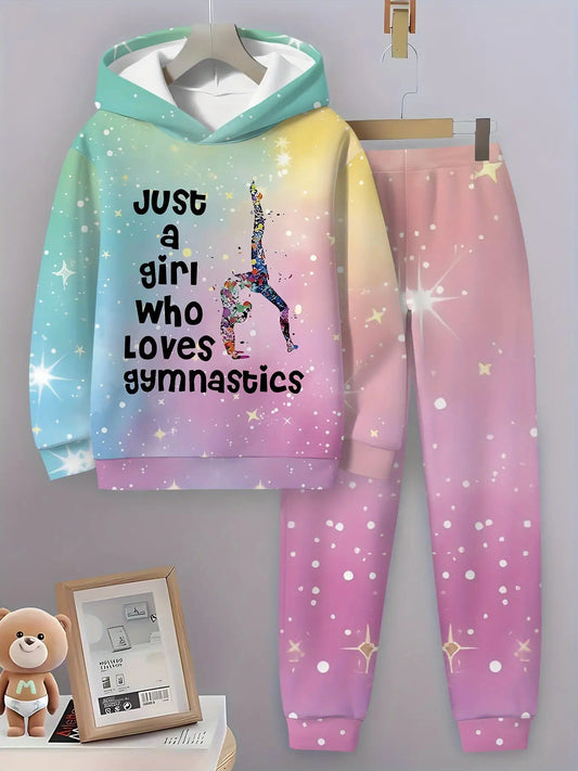 Girls' 2pcs Gymnastics-Themed Hoodie & Pants Set with 3D Gymnast Print & "Just a Girl Who Loves Gymnastics" Slogan - 100% Winter Warmth, Casual Sportswear for Outdoor Play, School & Gymnastics Practice - Ideal Gift for Young