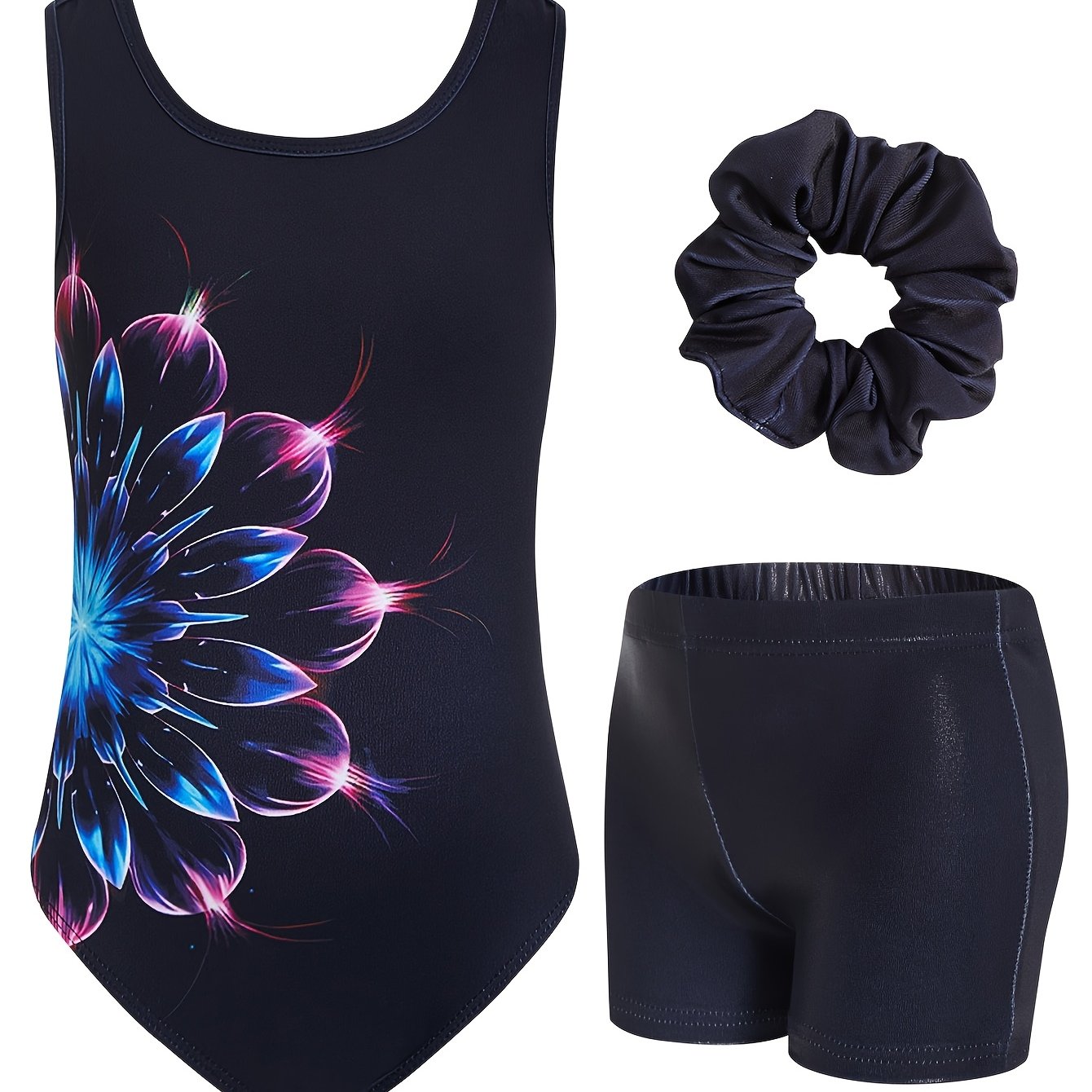 3pcs Girls' Gymnastics Leotard & Shorts Set with Hair Scrunchie - Shiny Gradient & Glittery Cross-Back Dance Outfit, Quick-Dry Spandex/Brittle-like Suit for Tumbling, Ballet, Rhythmic Gymnastics (Ages 3-12) - Multi-Color Opti