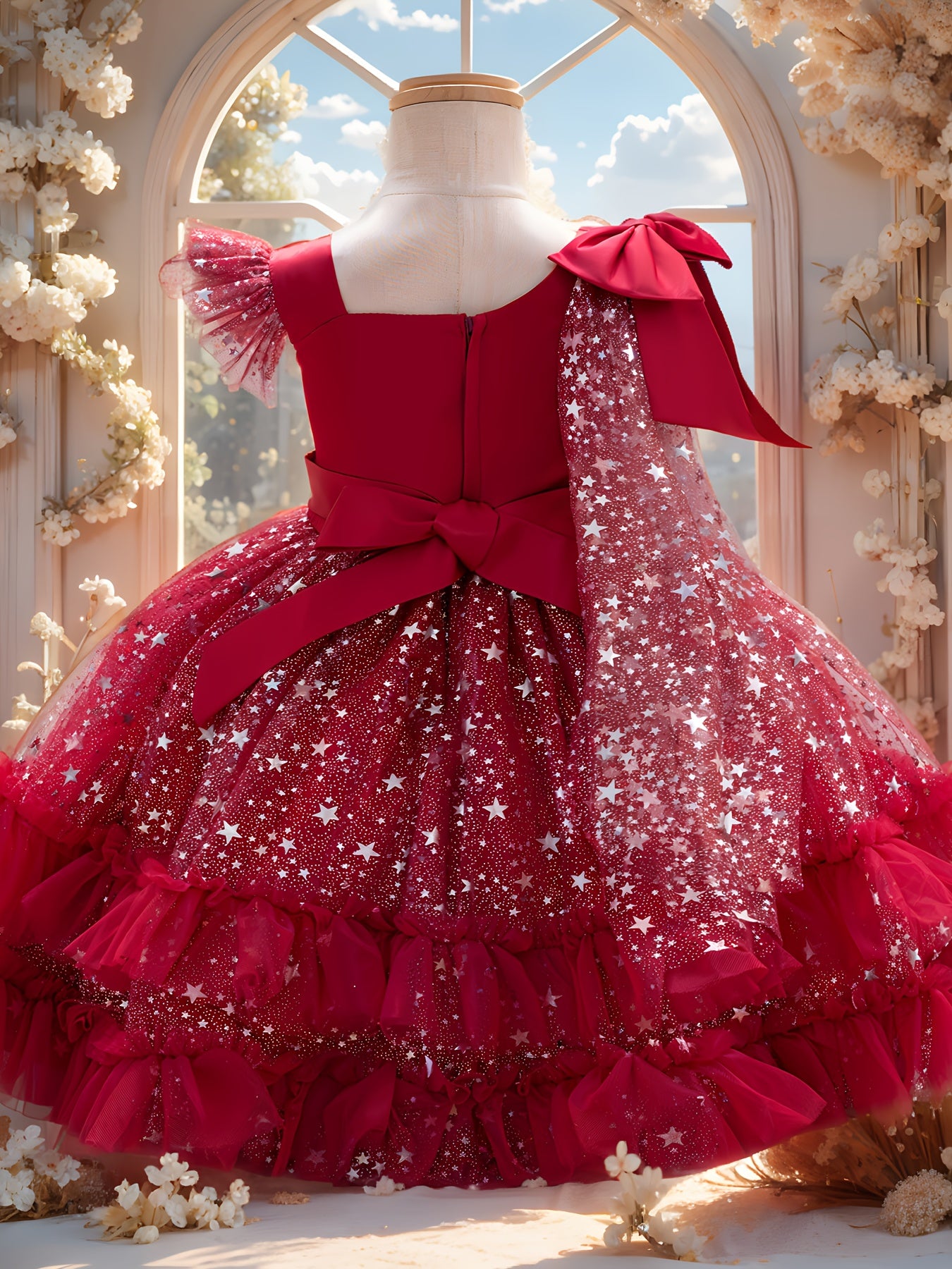 1st Birthday Girl Dress with Detachable Cape & Starry Tutu - Mint Green Sparkling Princess Party Gown, Soft Breathable Baby Girl for Weddings, Photo Shoots & Celebration Outfit (Short Sleeves, Belt)