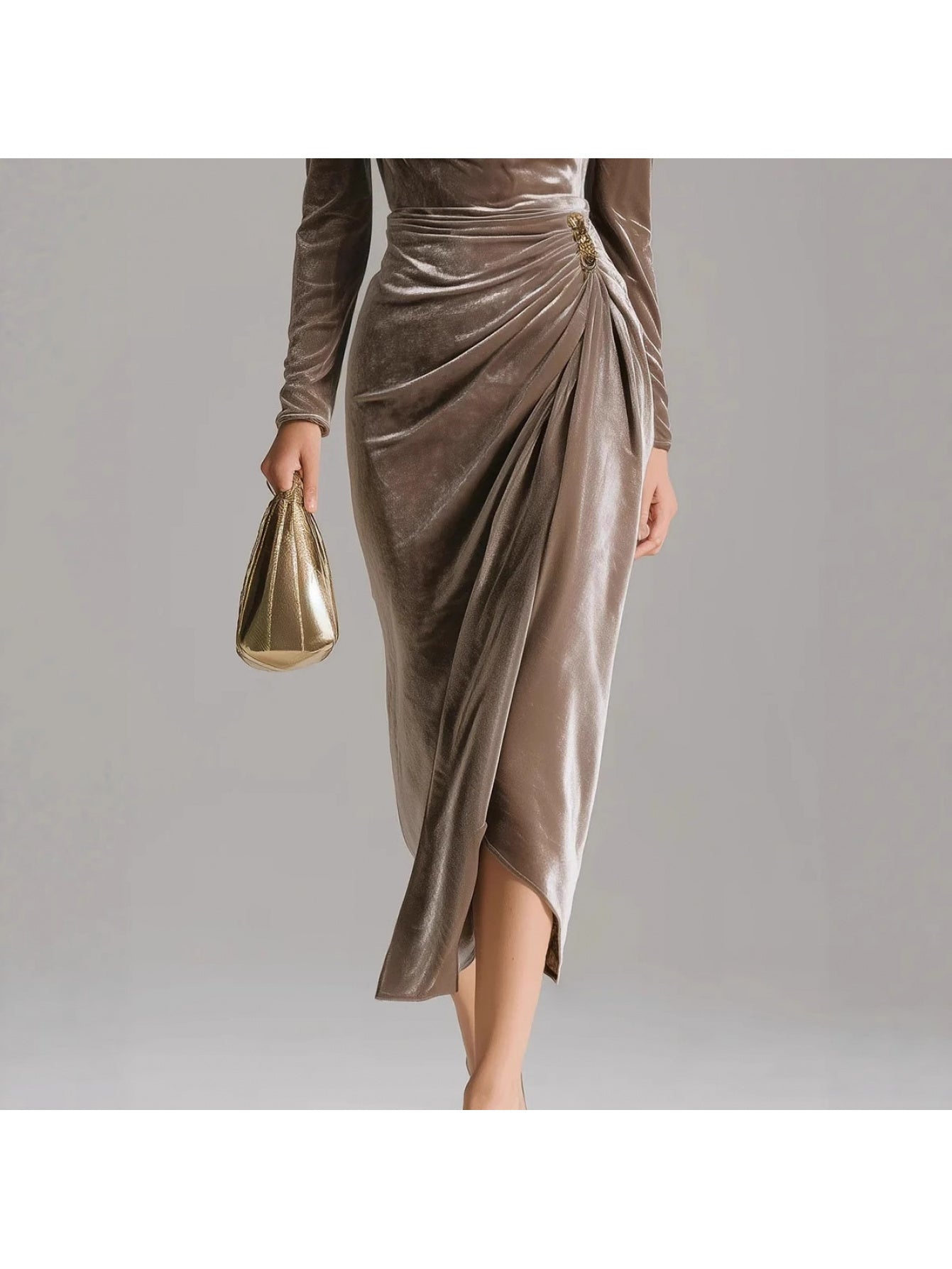 Velvet Midi Dress for Holiday Parties, Deep Brown Cowl Neck Gown with Asymmetric Hem, Stunning Christmas Party Dress with Golden Accent