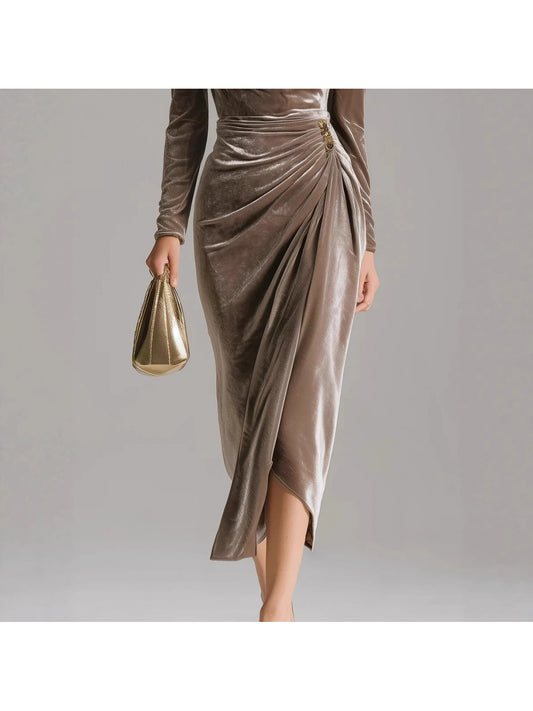 Velvet Midi Dress for Holiday Parties, Deep Brown Cowl Neck Gown with Asymmetric Hem, Stunning Christmas Party Dress with Golden Accent