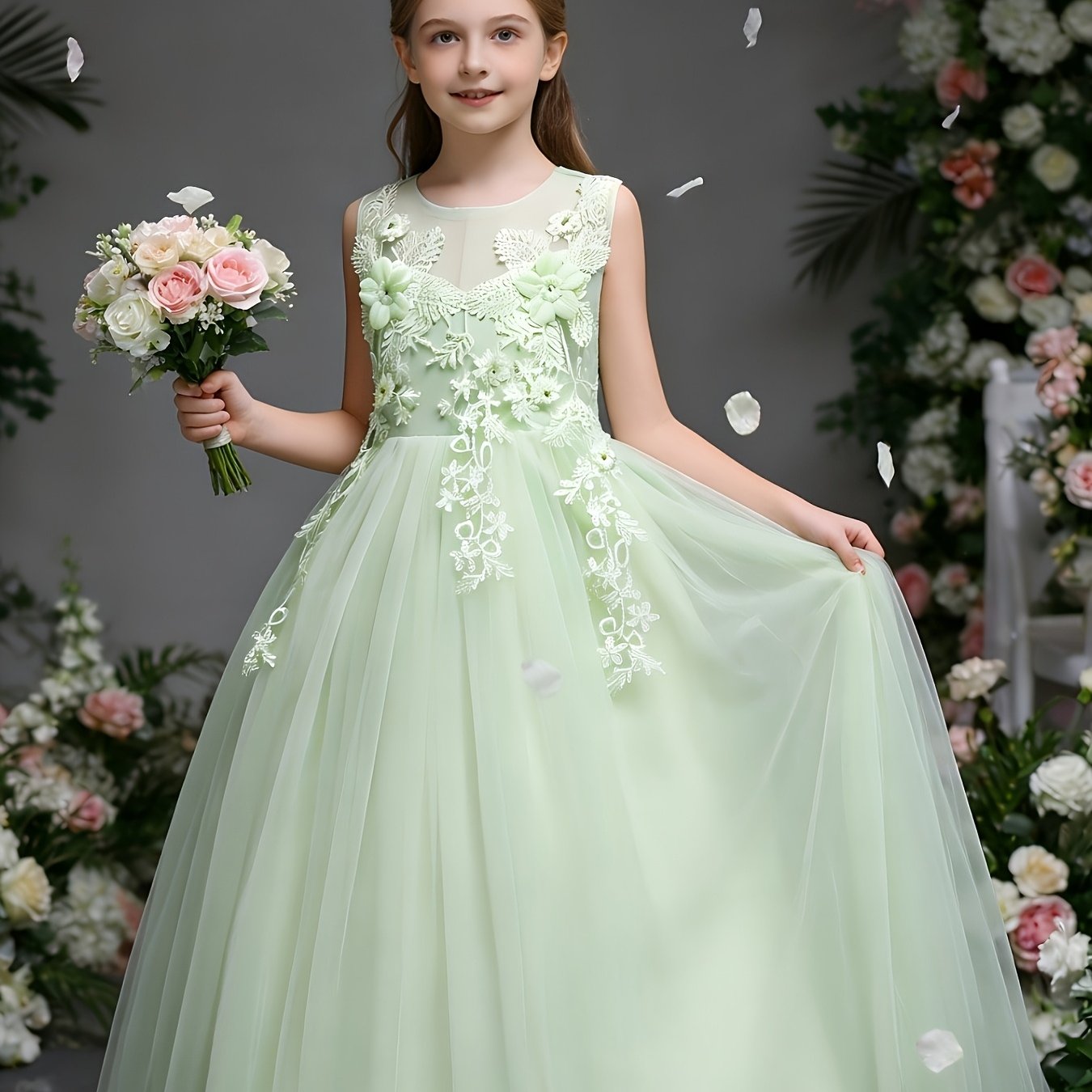 Girls Luxury Princess Dress With 3D Floral Lace Embroidery