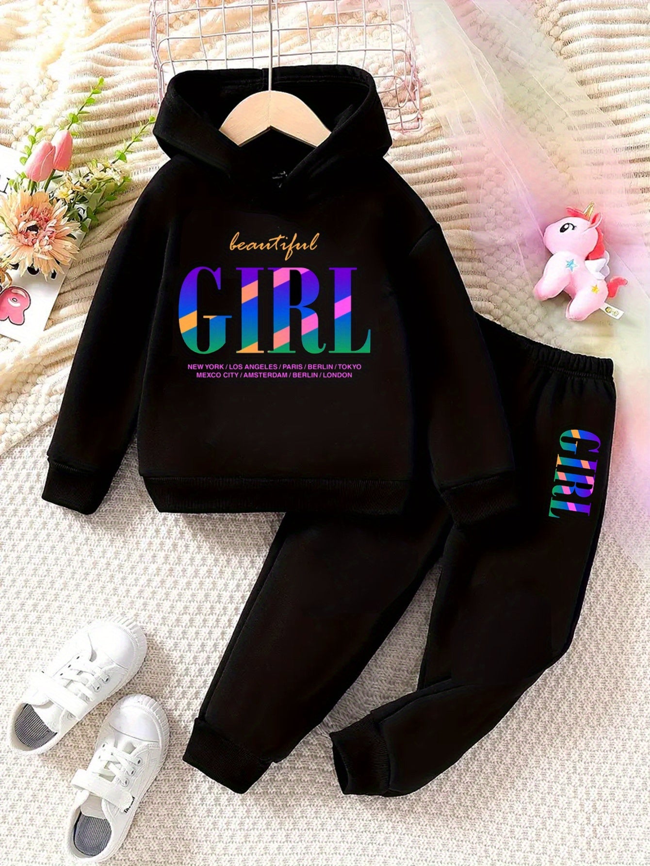 Toddler Girl Love Bear Print Hoodie Set, Autumn/ Winter, for Outdoor