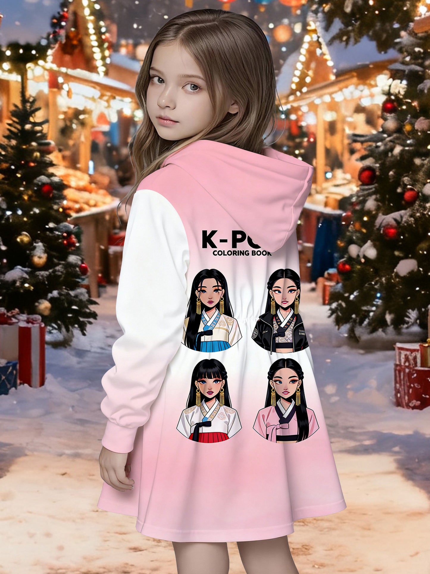 Girls' KPOP Group Merch Dress - Pink-White Gradient Korean Style Dress with Girl Group Print, Soft Comfortable Dress for, Valentine's Day Gift & K- Outfit for Birthdays/Themed Events (Machine Washable)