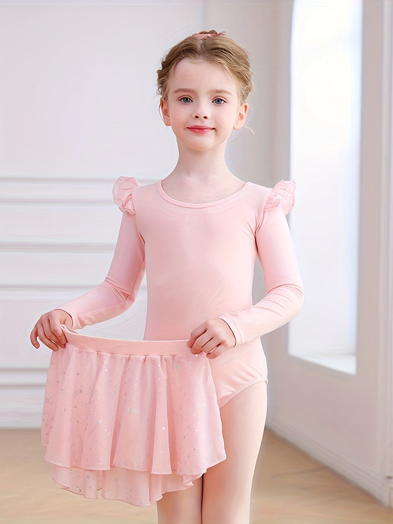 Christmas Gift Girls' Tight Bodysuit & Tulle Skirt Set - Detachable Long Sleeve Ruffle Crisscross Back Silvery Stars, Ballet Gymnastics Dance Outdoor Fall Clothing