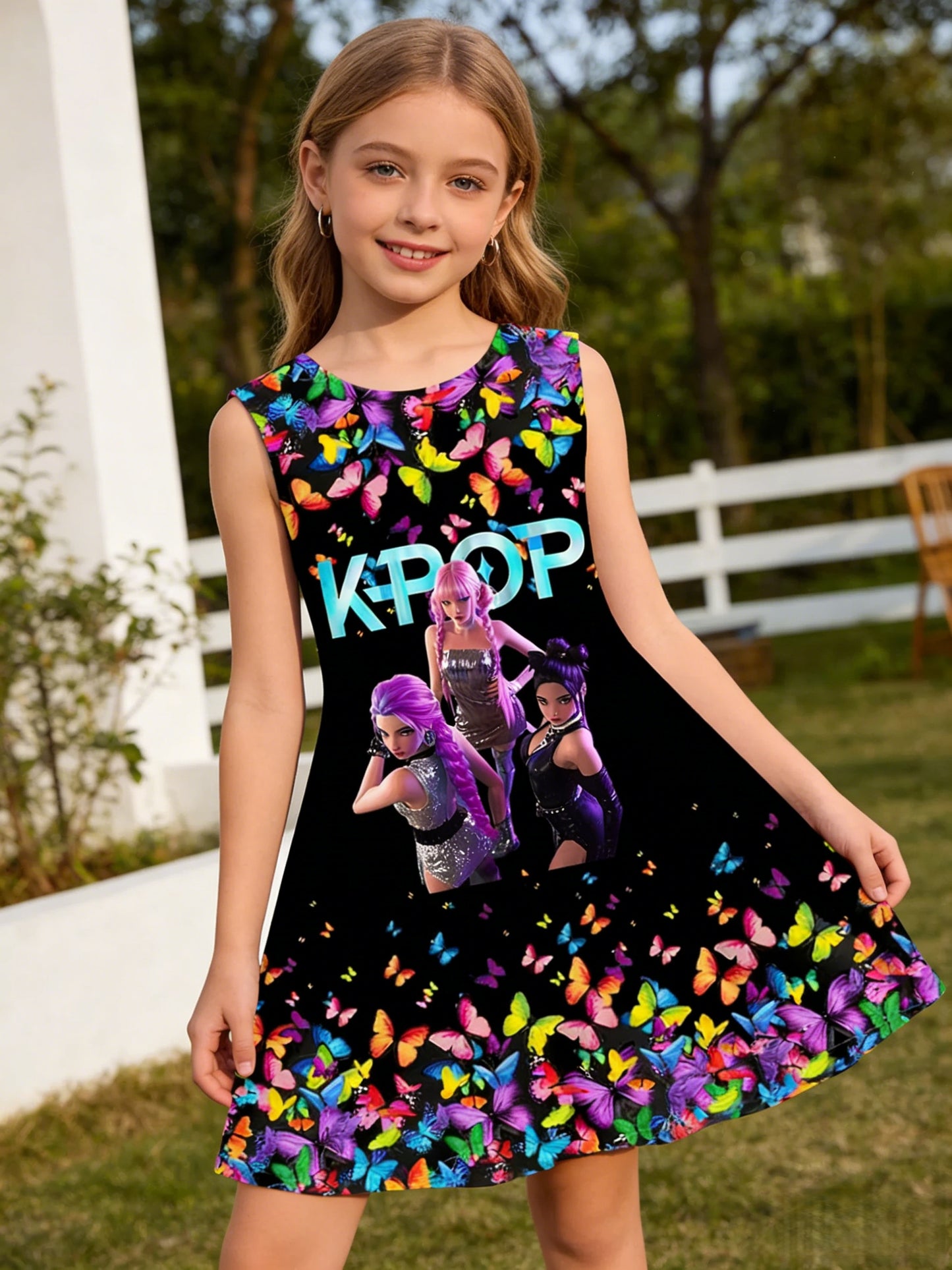 1pc, 3-12 Years Girls' Spring/Summer Sleeveless Dress with 3D KPOP Girl Group Patterns | Suitable for Outdoor Leisure, Beach, Birthdays, and School Wear, Machine Washable, Casual Style