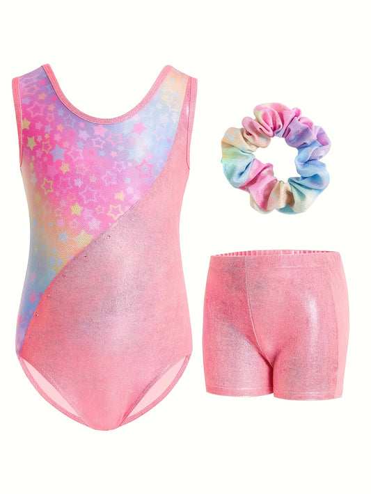 3pcs Gymnastics Leotards For Girls, Sleeveless Kids Dance Unitards Biketards With Shorts And Hair Scrunchie Eid Gifts For Kids, for Outdoor